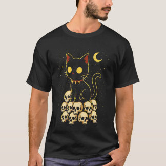 Creepy Goth Cat Cute Kitty on Skulls Halloween Aes Tシャツ