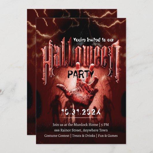 Creepy Halloween Party Zombies Red Scary Night 招待状 (正面/裏面)