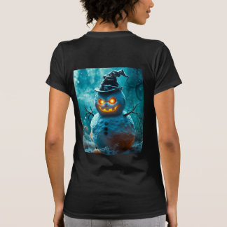 Creepy Halloween Snowman with Glowing Eyes Tシャツ