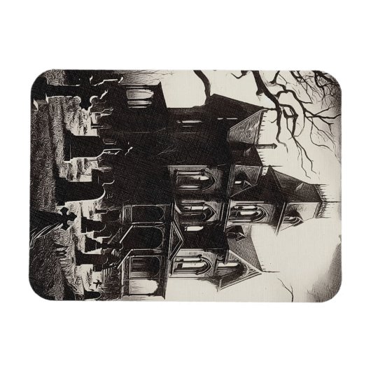 Creepy Haunted House Graveyard Drawing マグネット (横)