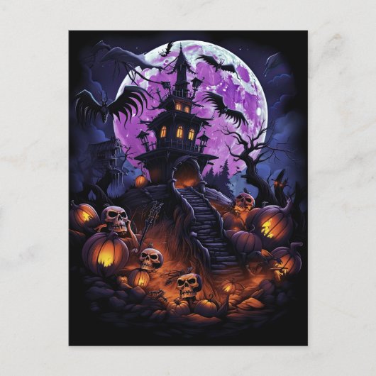 Creepy Haunted House Purple Halloween Party ポストカード (正面)
