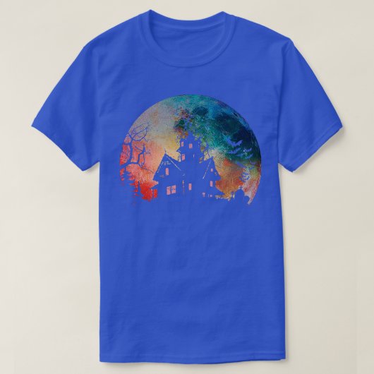 Creepy Haunted House & Spooky Watercolor Full Moon Tシャツ (デザイン正面)