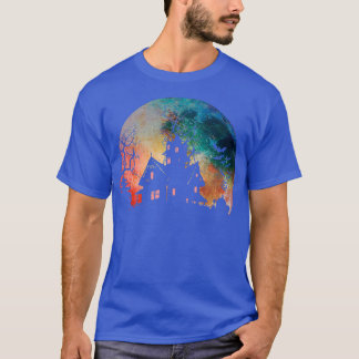 Creepy Haunted House & Spooky Watercolor Full Moon Tシャツ