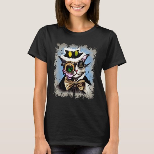 Creepy Illuminati Cat Cyborg Monocle Steam Cat Pun Tシャツ (正面)