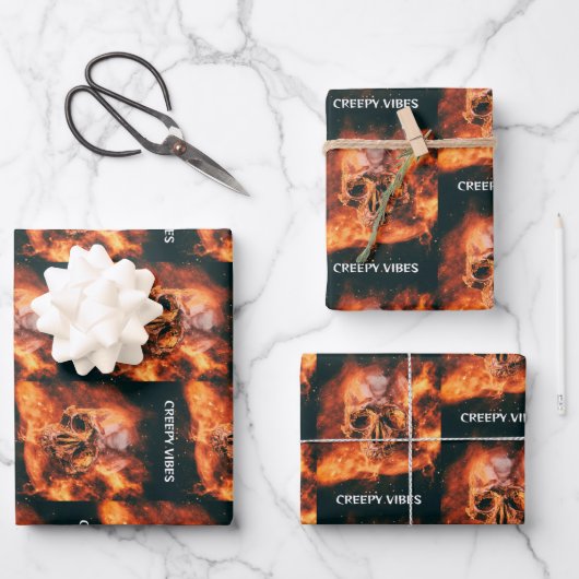 Creepy Vibes. Flaming skull in space ラッピングペーパーシート (正面)