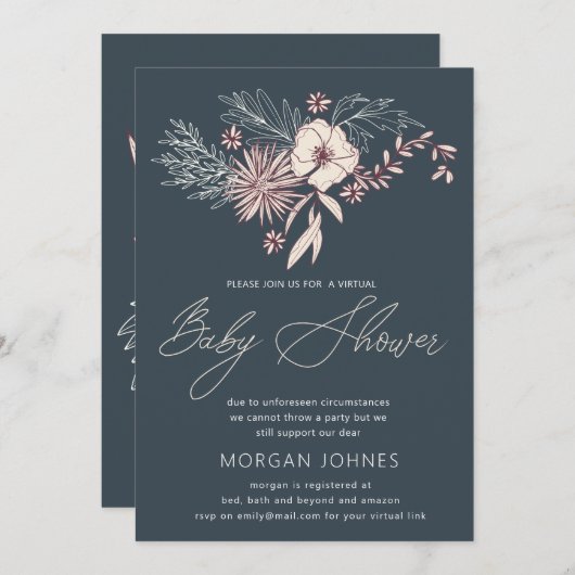 Cremeモダンフローラバーチャル赤ちゃんシャワー招待状 (正面/裏面)