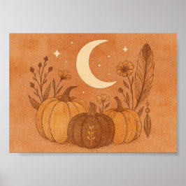 Crescent Moon & Autumn Pumpkins ポスター