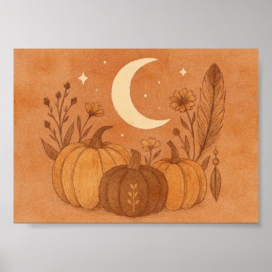 Crescent Moon & Autumn Pumpkins ポスター (正面)