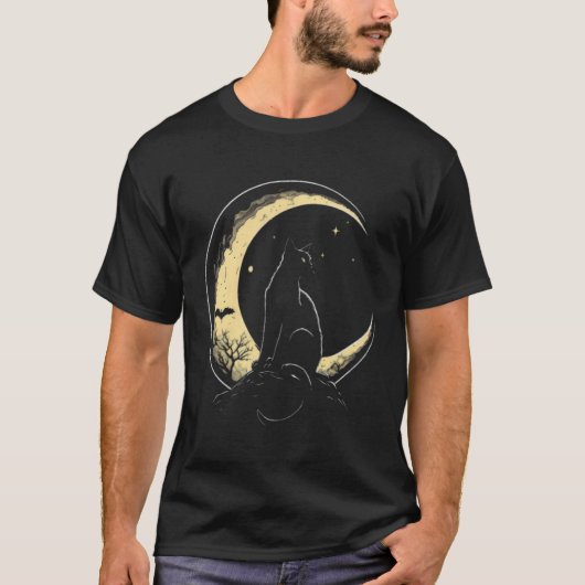 Crescent Moon Cat Kitten Astronomy Creepy Night Tシャツ (正面)
