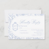 Crest Monogram Blue and White Floral Script 出欠カード (正面)