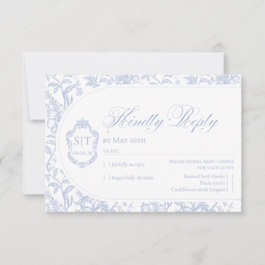 Crest Monogram Blue and White Floral Script 出欠カード (正面)