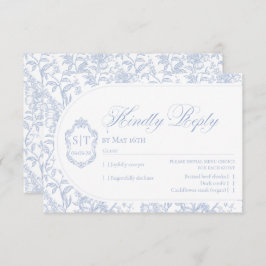 Crest Monogram Blue and White Floral Script 出欠カード