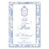 Crest Monogram Blue Floral Script Five テーブルナンバー (正面)