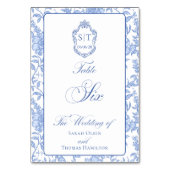 Crest Monogram Blue Floral Script Six テーブルナンバー (正面)
