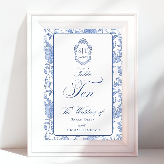 Crest Monogram Blue Floral Script TEN テーブルナンバー