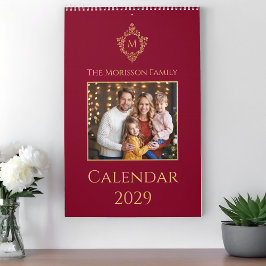 Crest Monogram Burgundy Gold Vintage Family Photo カレンダー