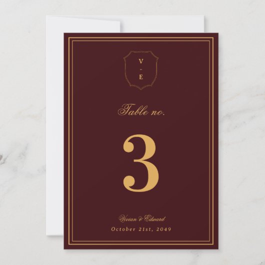 Crest Monogram Burgundy Gold Wedding Table Number 招待状 (正面)