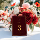 Crest Monogram Burgundy Gold Wedding Table Number 招待状