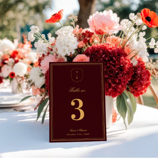 Crest Monogram Burgundy Gold Wedding Table Number 招待状