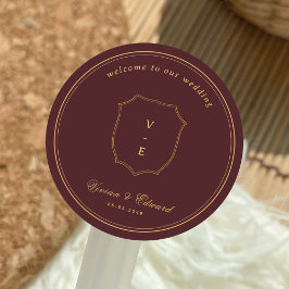 Crest Monogram Burgundy & Gold Wedding Welcome ラウンドシール