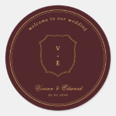 Crest Monogram Burgundy & Gold Wedding Welcome ラウンドシール (正面)