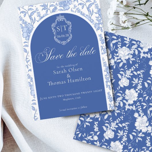 Crest Monogram Delft Blue Floral Script セーブザデート