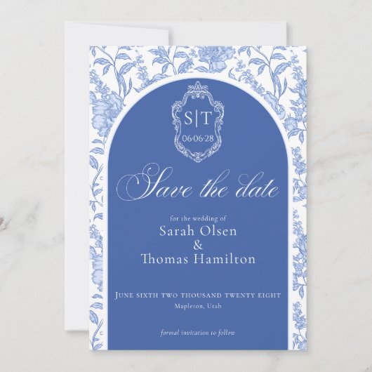 Crest Monogram Delft Blue Floral Script セーブザデート (正面)