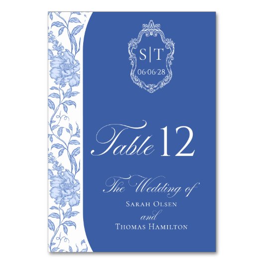 Crest Monogram Delft Blue Floral Script テーブルナンバー (正面)