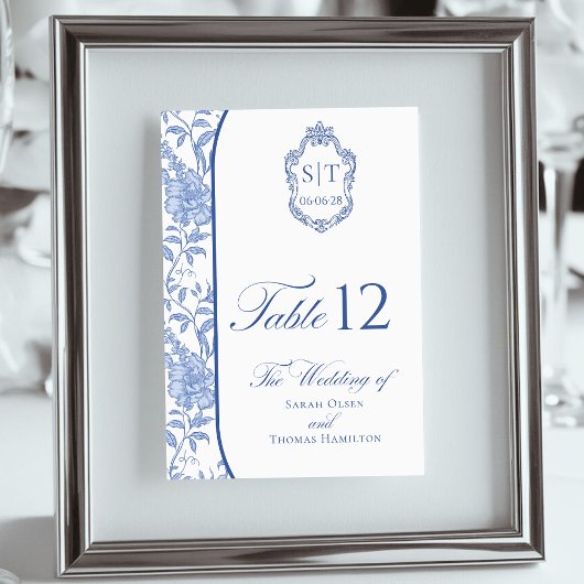 Crest Monogram Delft Blue Floral Script テーブルナンバー