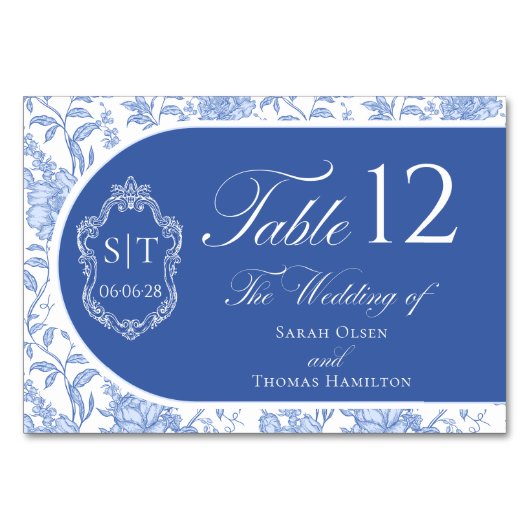 Crest Monogram Delft Blue Floral Script テーブルナンバー (正面)