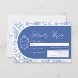 Crest Monogram Delft Blue Floral Script 出欠カード