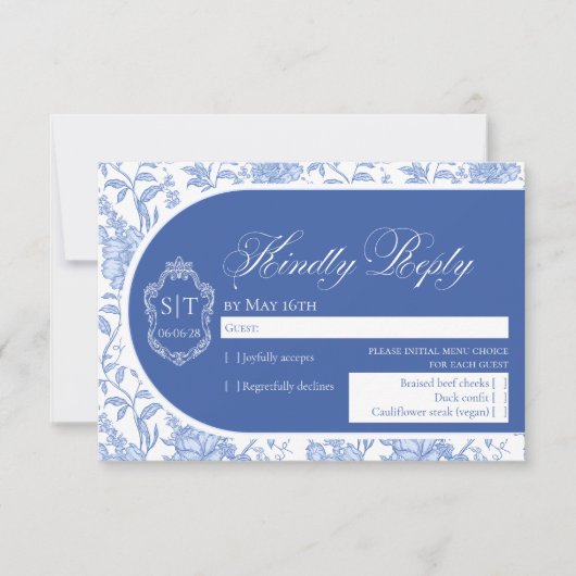 Crest Monogram Delft Blue Floral Script 出欠カード (正面)