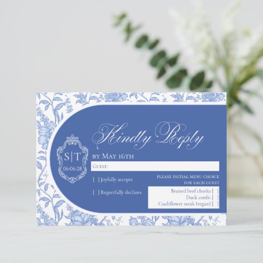 Crest Monogram Delft Blue Floral Script 出欠カード (スタンド正面)