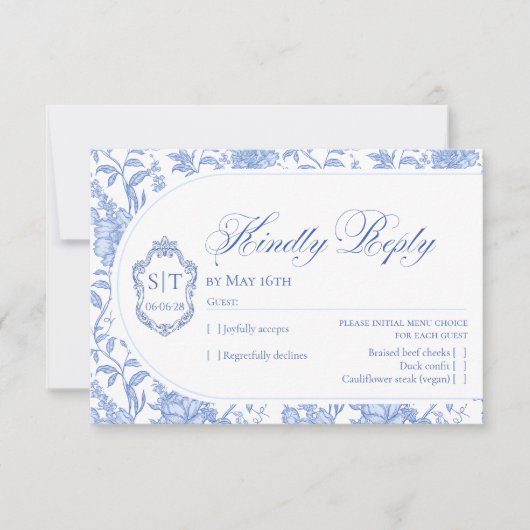 Crest Monogram Delft Blue Floral Script 出欠カード (正面)
