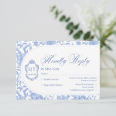 Crest Monogram Delft Blue Floral Script 出欠カード (スタンド正面)