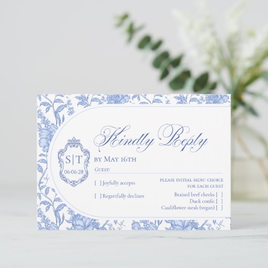 Crest Monogram Delft Blue Floral Script 出欠カード (スタンド正面)
