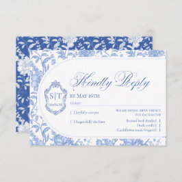 Crest Monogram Delft Blue Floral Script 出欠カード