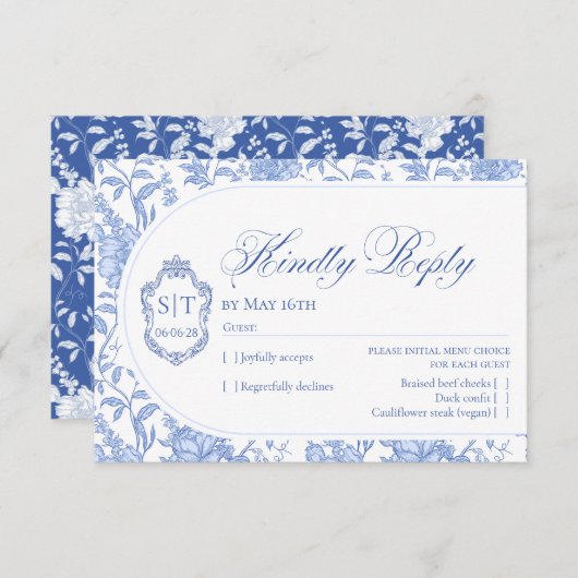 Crest Monogram Delft Blue Floral Script 出欠カード (正面/裏面)