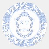 Crest Monogram Delft Blue Floral Wedding ラウンドシール (正面)