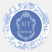 Crest Monogram Delft Blue Floral Wedding ラウンドシール (正面)