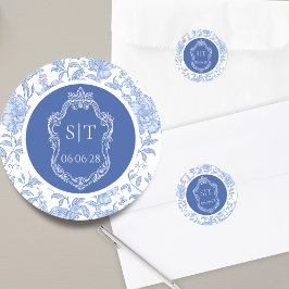 Crest Monogram Delft Blue Floral Wedding ラウンドシール
