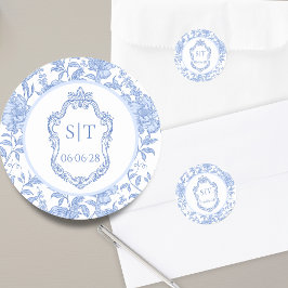 Crest Monogram Delft Blue Floral Wedding ラウンドシール