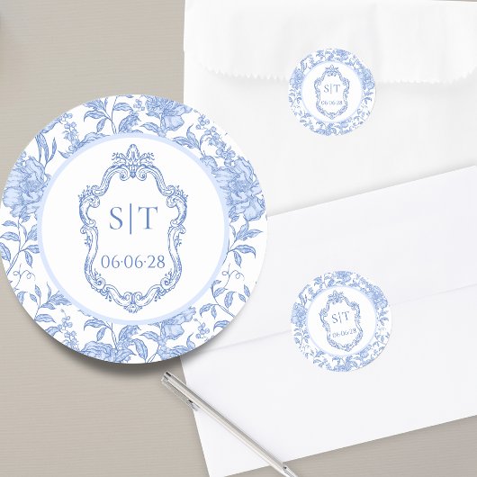 Crest Monogram Delft Blue Floral Wedding ラウンドシール