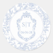 Crest Monogram Dusty Blue Floral Wedding ラウンドシール (正面)