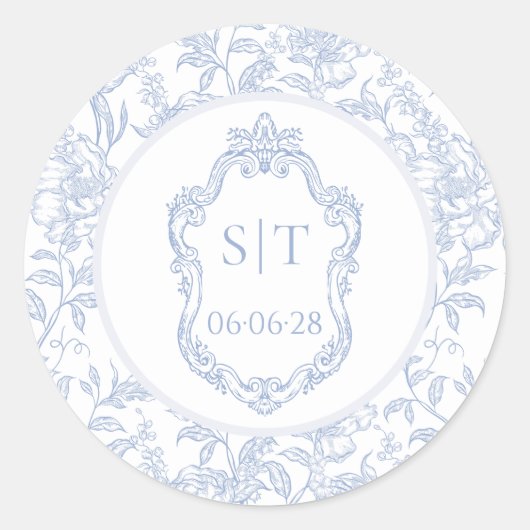Crest Monogram Dusty Blue Floral Wedding ラウンドシール (正面)