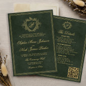 Crest monogram QR code emerald green gold wedding 招待状
