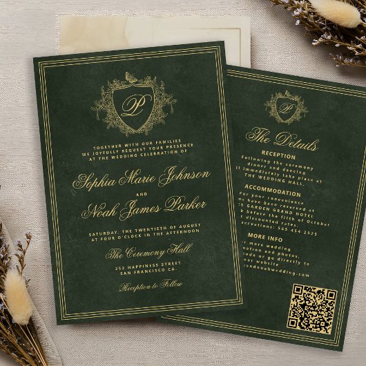 Crest monogram QR code emerald green gold wedding 招待状