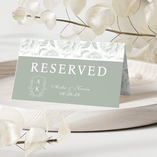 Crest Monogram Sage Green Peony 予約済み プレイスカード