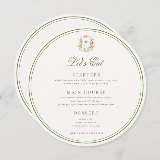 Crest Palm Tree Monogram Lets Eat Round Wedding メニュー (正面/裏面)