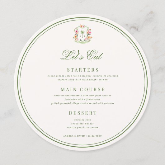 Crest Palm Tree Monogram Lets Eat Round Wedding メニュー (正面)